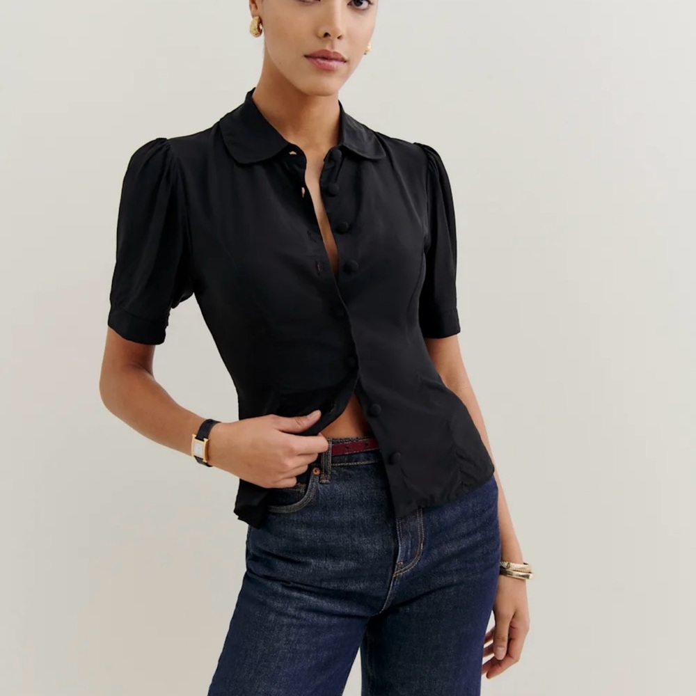 Reformation Black Fitted Button Down Shirt with Peter Pan Collar